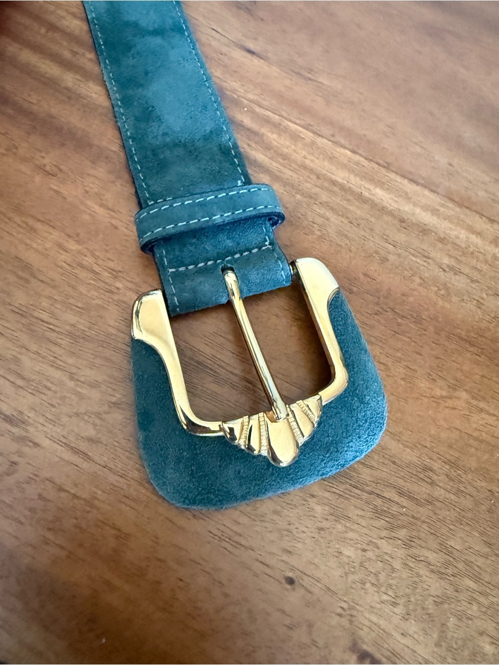 Vintage Green Suede Kudos Belt With The Uniquely Shaped Gold Buckle, Small View 3